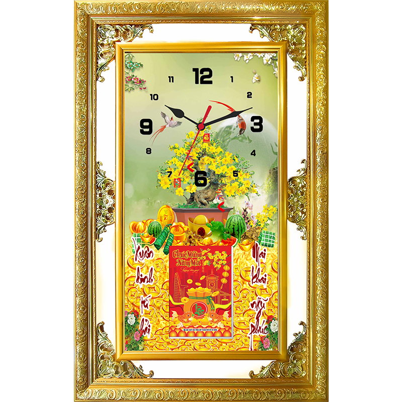 Lịch Gỗ Phù Điêu Đồng Hồ Cao Cấp Khung Đôi Vàng 2025 (56x88 cm) - Cây Mai Vàng (TVDH01)
