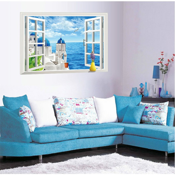 Decal Trang Trí 3D Cảnh Lâu Đài Biển Xanh