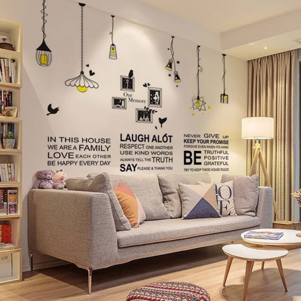 Combo Decal Khung Ảnh Đèn Treo Kết Hợp Chữ Tiếng Anh