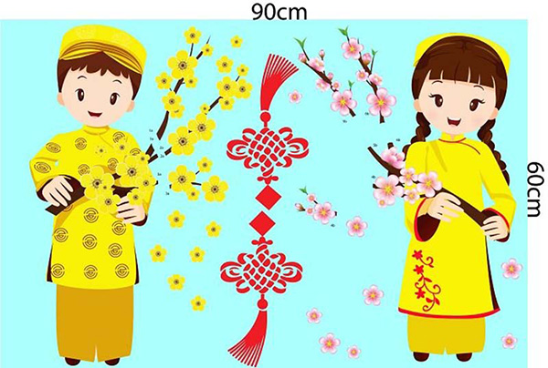 Combo Decal Trang Trí Tết Bánh Chưng Xanh Bên Dưa Hấu Đỏ Cành Mai Vàng Bên Cành Đào Tươi