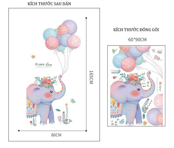 Decal Dán Tường Voi Con Và Bóng Bay