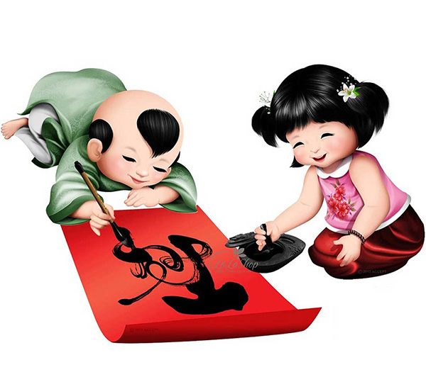 decal hai bé viết thư pháp