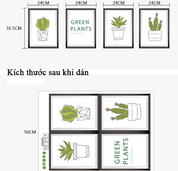 Decal Trang Trí 4 Khung Tranh Chậu Xương Rồng