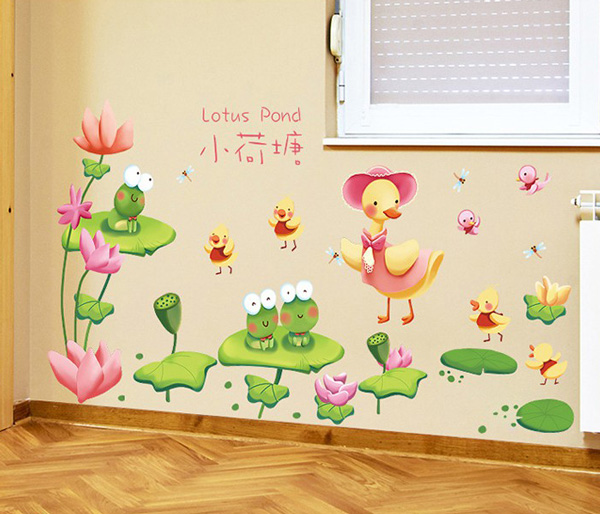 Decal Trang Trí Ao Sen Của Đàn Vịt Và Đôi Ếch