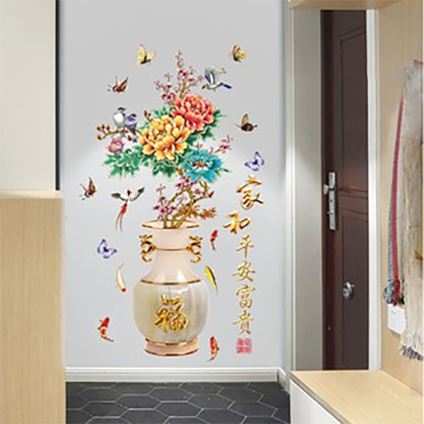 Decal Trang Trí Bình Hoa Mẫu Đơn Khoe Sắc