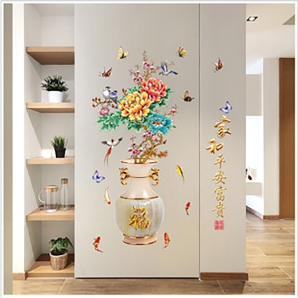 Decal Trang Trí Bình Hoa Mẫu Đơn Khoe Sắc