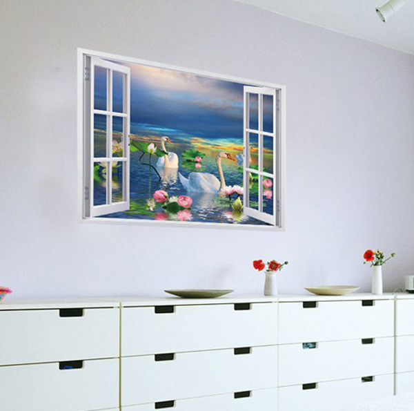Decal Trang Trí Cảnh Hồ Và Thiên Nga Trắng