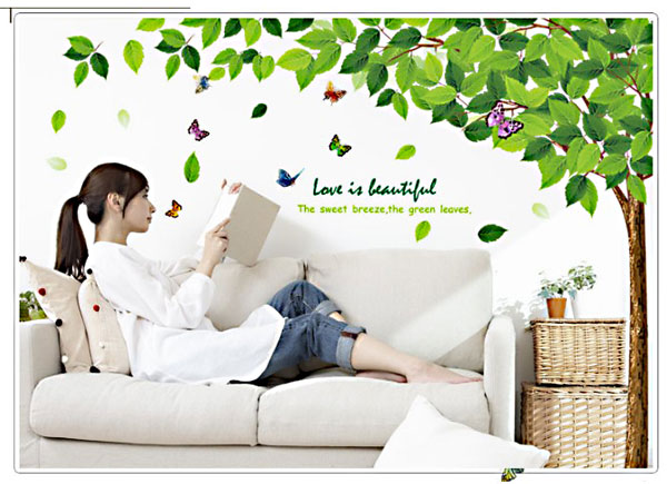 Decal Trang Trí Cây Lá Xanh Và Hoa Bướm