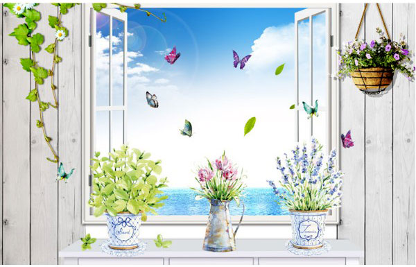 Decal Trang Trí Chậu Hoa Lớn Và Bướm