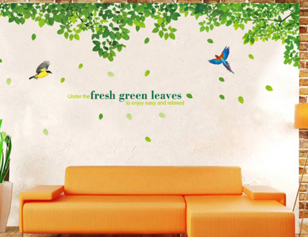 Decal Trang Trí Dàn Lá Xanh Và Chim Sắc Màu