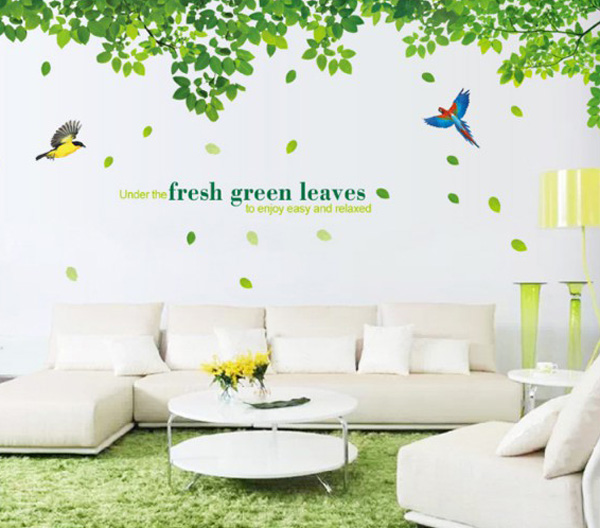 Decal Trang Trí Dàn Lá Xanh Và Chim Sắc Màu