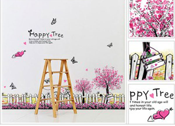 Decal Trang Trí Hàng Rào Hồng Happy Tree