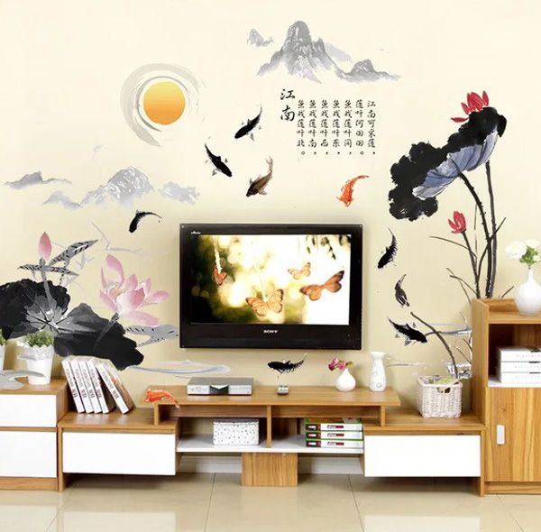 Decal Trang Trí Hồ Sen Sơn Thủy
