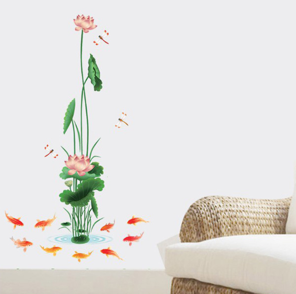 Decal Trang Trí Hoa Sen Nhánh Dài Và Cá Koi 