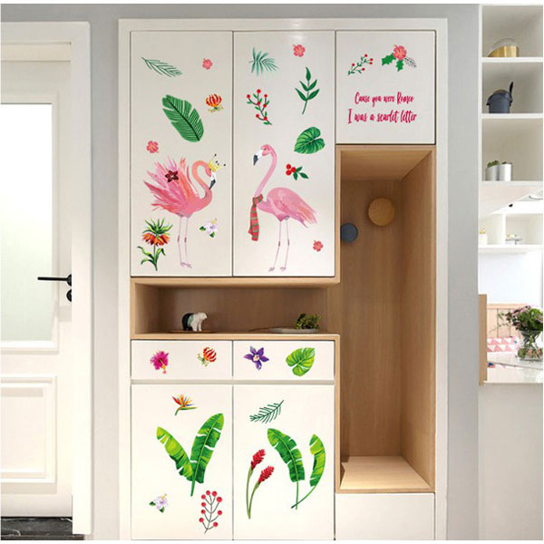 Decal Trang Trí Lá Xanh Và Hồng Hạc