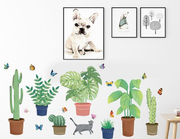 Decal Trang Trí Mèo Bắt Bướm Và Những Chậu Cây