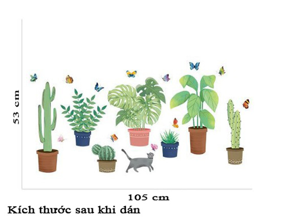Decal Trang Trí Mèo Bắt Bướm Và Những Chậu Cây