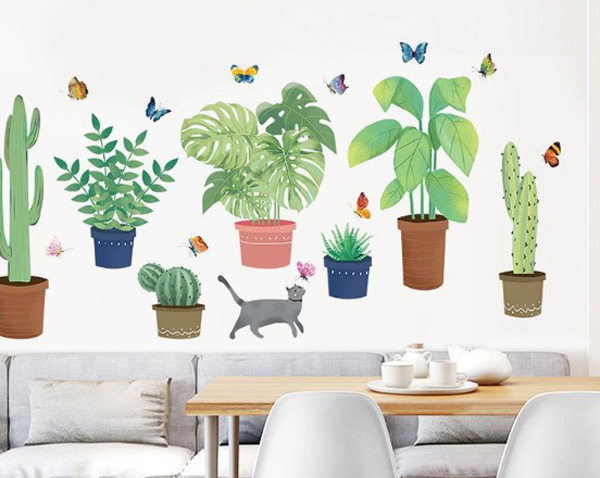 Decal Trang Trí Mèo Bắt Bướm Và Những Chậu Cây