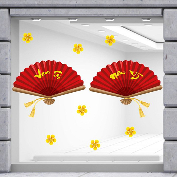 Decal Trang Trí Tết Đôi Quạt Đỏ Như Ý