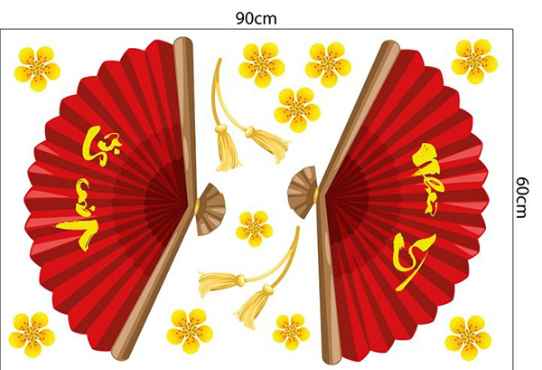 Decal Trang Trí Tết Đôi Quạt Đỏ Như Ý