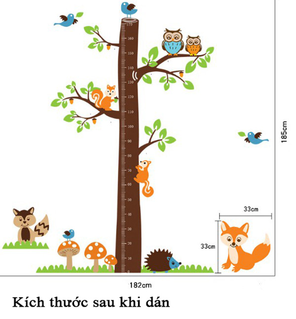 Decal Trang Trí Thước Đo Cành Cây Cùng Muôn Thú