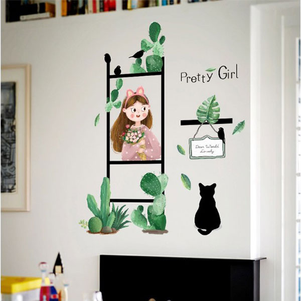 Decal Trang Trí Xương Rồng Và Cô Gái Cá Tính