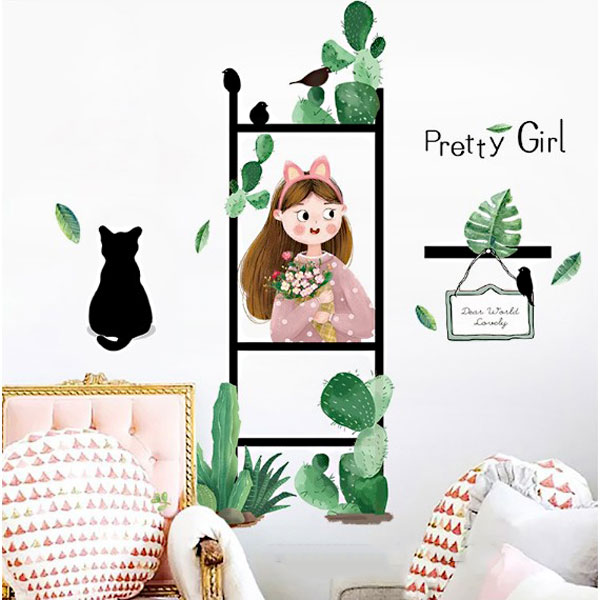 Decal Trang Trí Xương Rồng Và Cô Gái Cá Tính