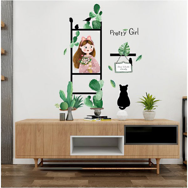 Decal Trang Trí Xương Rồng Và Cô Gái Cá Tính