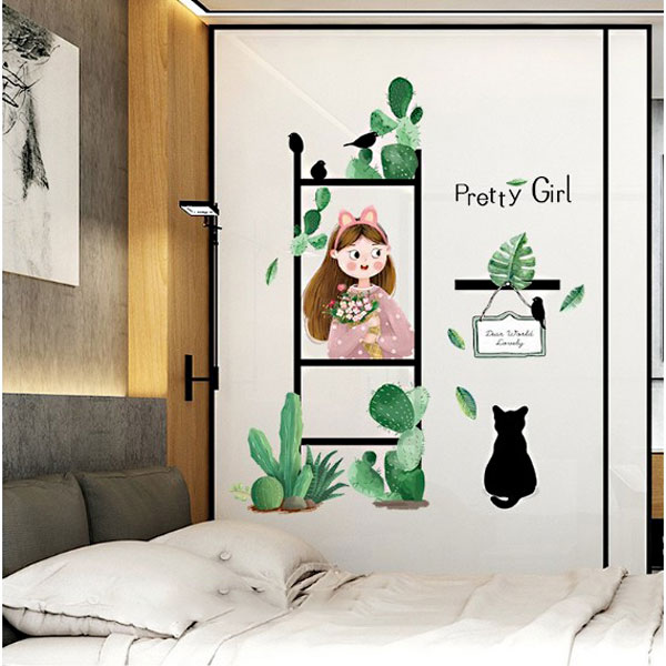Decal Trang Trí Xương Rồng Và Cô Gái Cá Tính