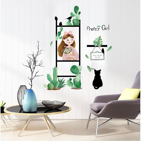 Decal Trang Trí Xương Rồng Và Cô Gái Cá Tính