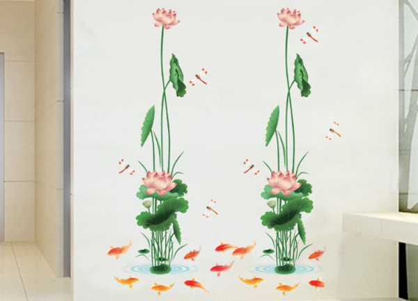 Decal Trang Trí Hoa Sen Nhánh Dài Và Cá Koi 