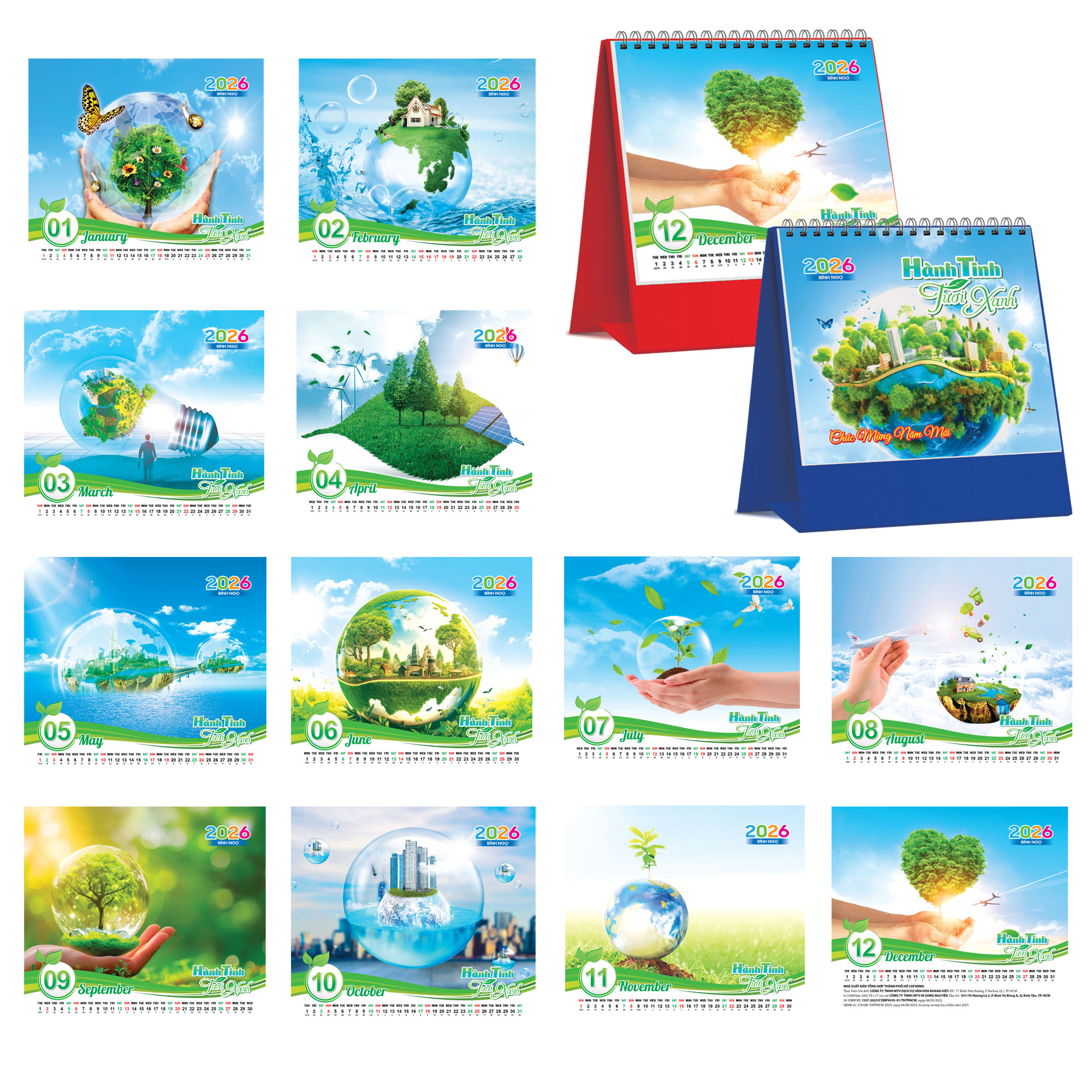 Lịch Để Bàn Đứng 2026 (19 x 17 cm) - Hành Tinh Tươi Xanh - TVKV26 (Chọn Đế Xanh Hoặc Đỏ)