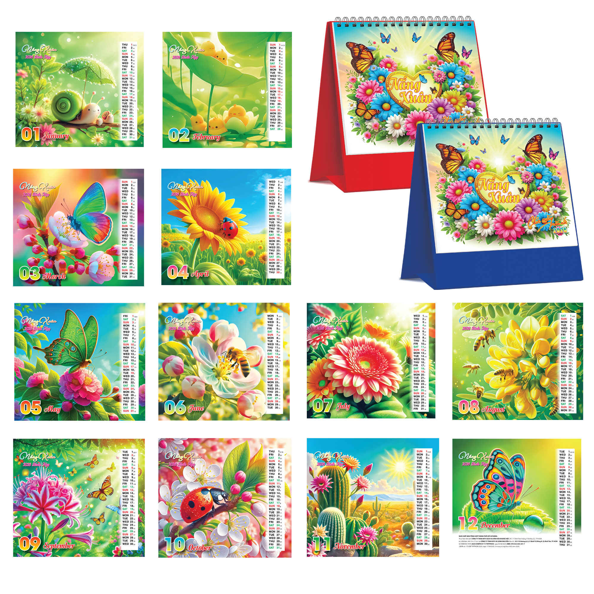 Lịch Để Bàn Đứng 2026 (19 x 17 cm) - Nắng Xuân - TVKV25 (Chọn Đế Xanh Hoặc Đỏ)
