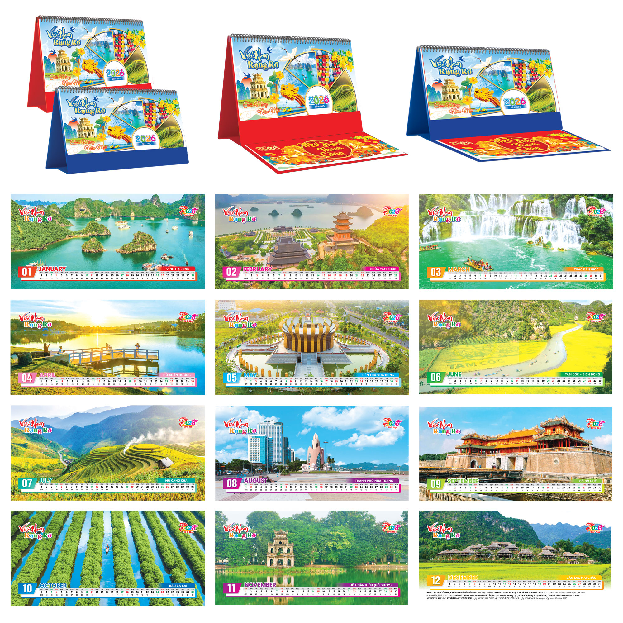 Lịch Để Bàn Ngang 2026 Có Note (25 x 12 cm) - Việt Nam Rạng Rỡ - TVKV24B (Chọn Đế Xanh Hoặc Đỏ)