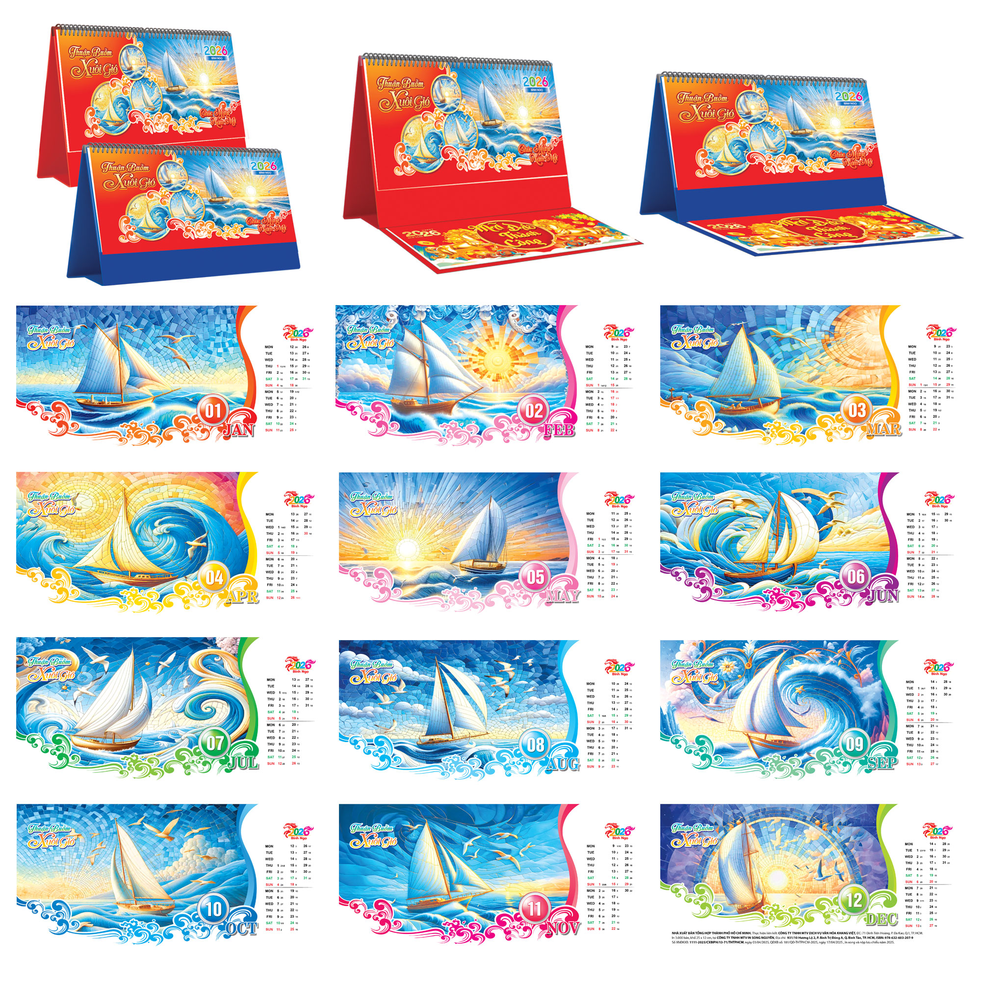 Lịch Để Bàn Ngang 2026 Có Note (25 x 12 cm) - Thuận Buồm Xuôi Gió - TVKV23B (Chọn Đế Xanh Hoặc Đỏ)
