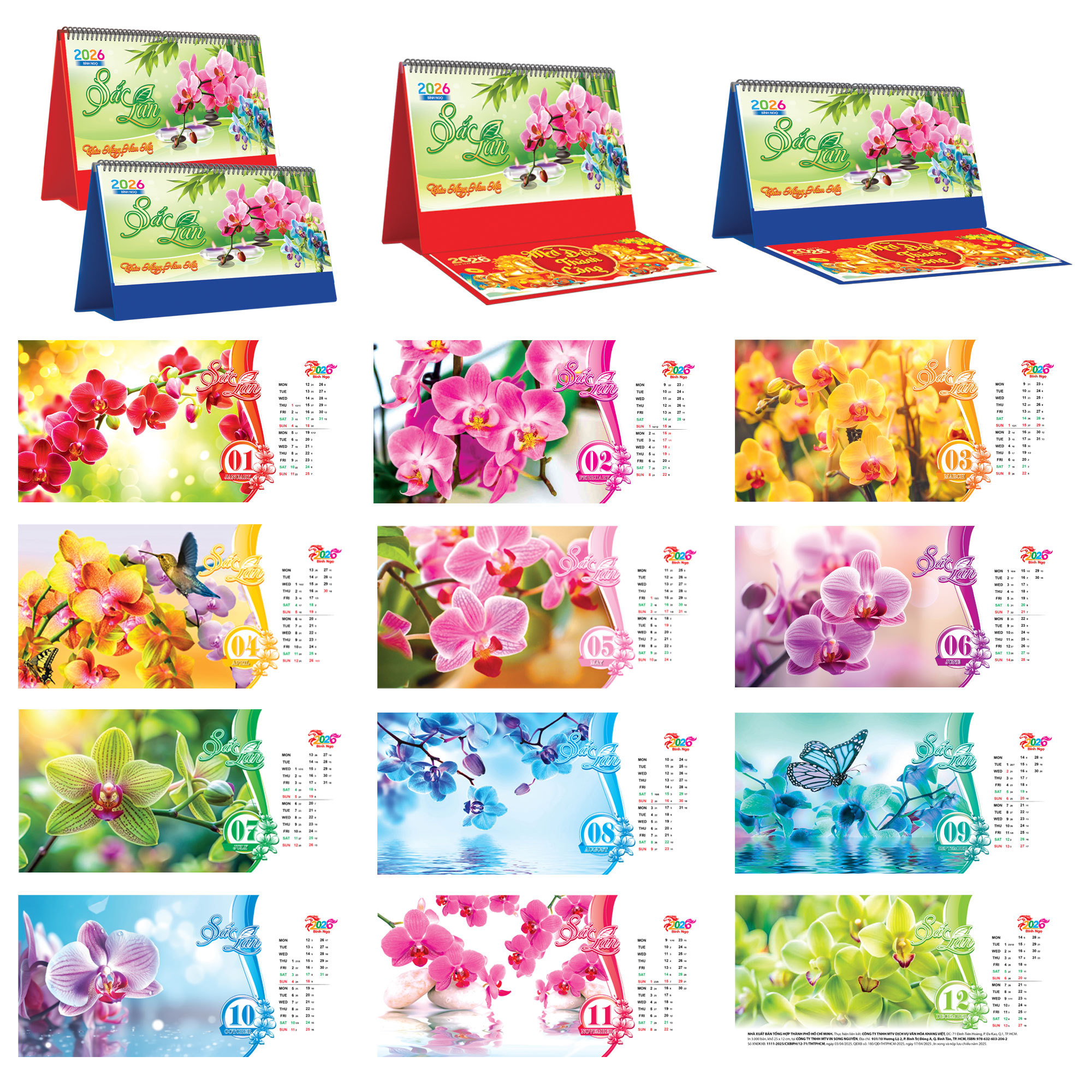 Lịch Để Bàn Ngang 2026 Có Note (25 x 12 cm) - Sắc Lan - TVKV22B (Chọn Đế Xanh Hoặc Đỏ)