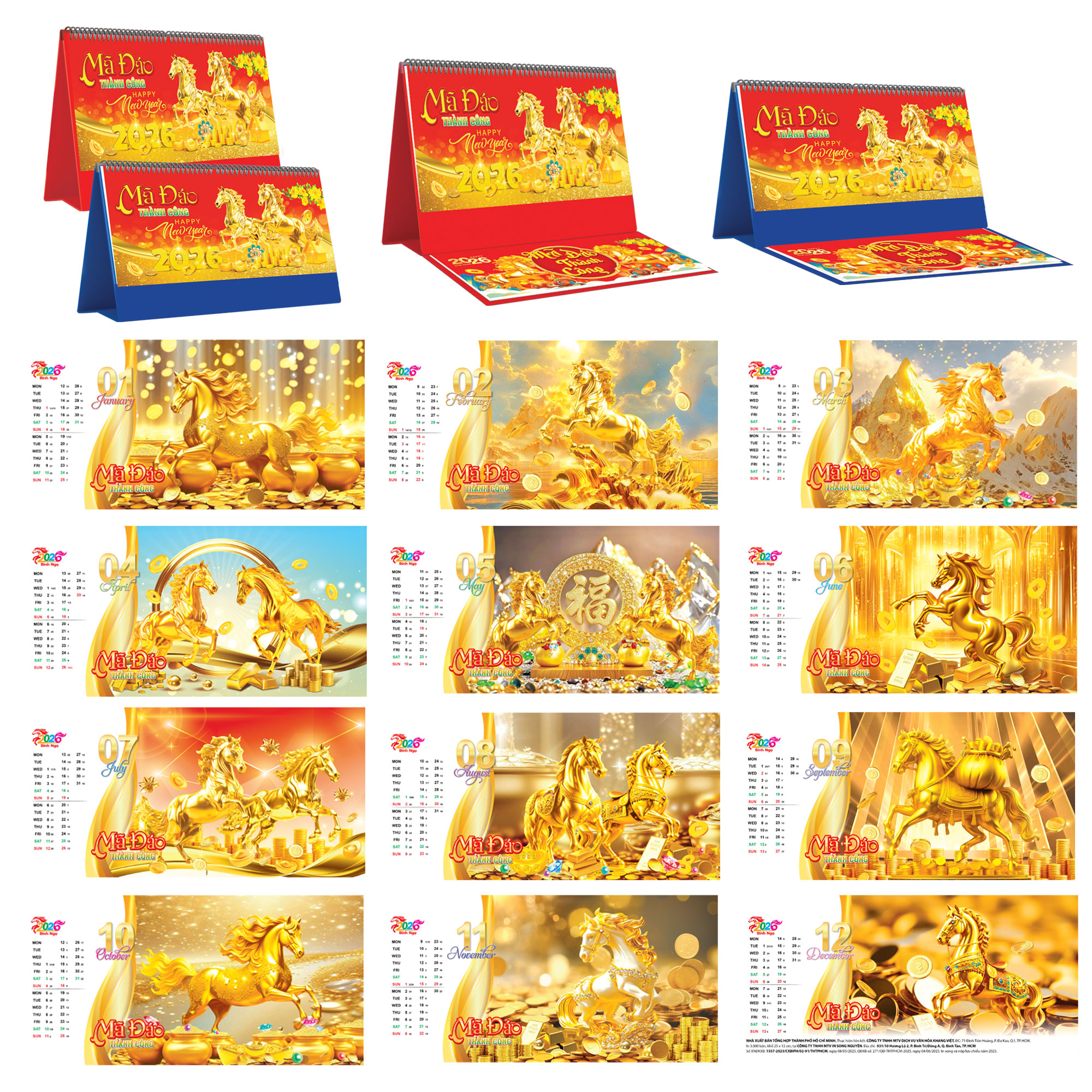Lịch Để Bàn Ngang 2026 Có Note (25 x 12 cm) - Mã Đáo Thành Công - TVKV20B (Chọn Đế Xanh Hoặc Đỏ)