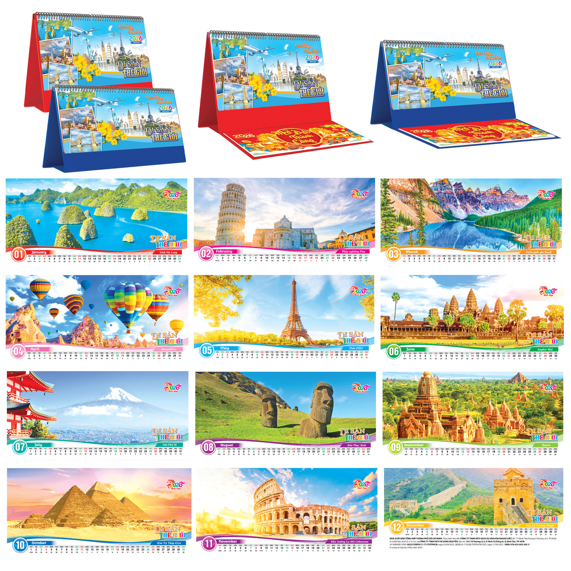 Lịch Để Bàn Ngang 2026 Có Note (25 x 12 cm) - Di Sản Thế Giới - TVKV16B (Chọn Đế Xanh Hoặc Đỏ)
