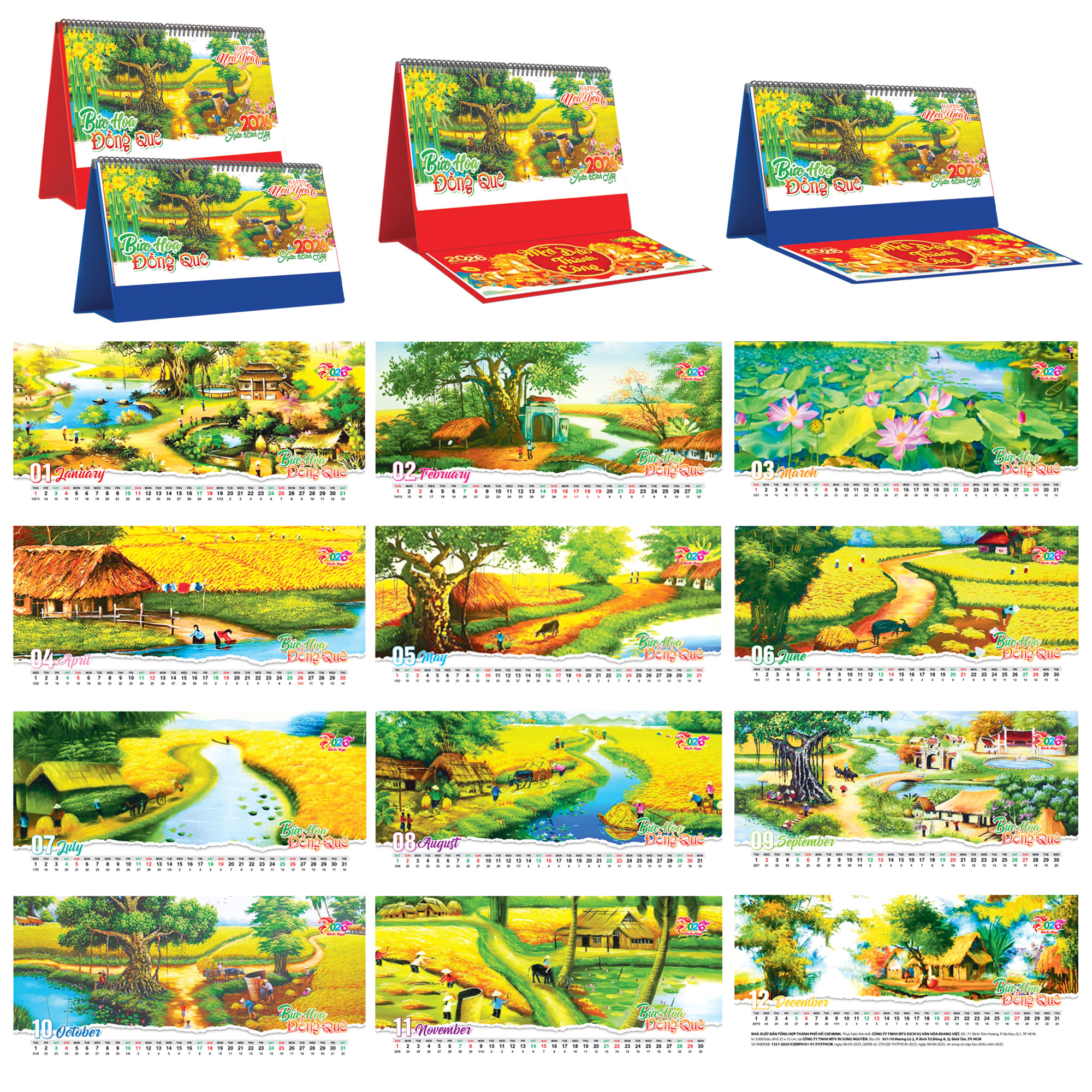 Lịch Để Bàn Ngang 2026 (25 x 12 cm) - Bức Hoạ Đồng Quê - TVKV15A (Chọn Đế Xanh Hoặc Đỏ)