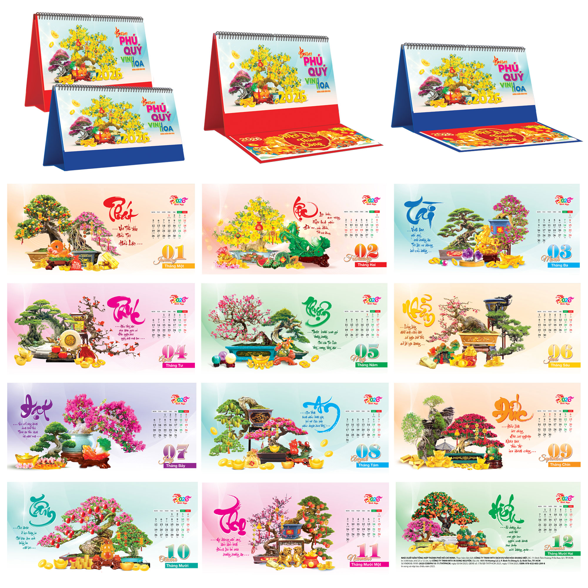 Lịch Để Bàn Ngang 2026 Có Note (25 x 12 cm) - Bonsai Phú Quý Vinh Hoa - TVKV14B (Chọn Đế Xanh Hoặc Đỏ)
