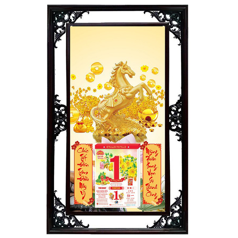 Lịch Gỗ Cao Cấp Khung Đôi 2022 (50x82cm) - Ngựa Vàng Phát Tài