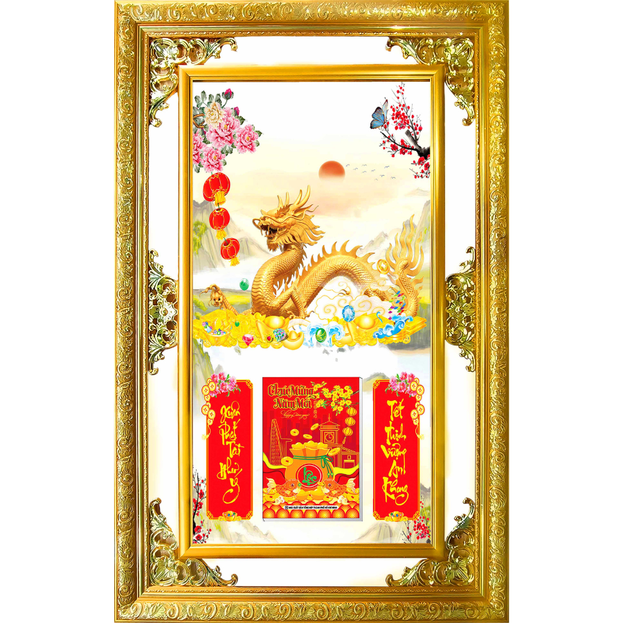 Lịch Gỗ Phù Điêu Treo Tường Cao Cấp Khung Đôi Vàng 2025 (52x82 cm) - Rồng Vàng (TV09)