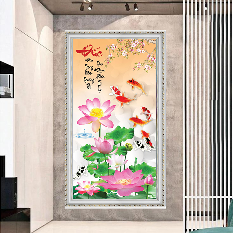 Tranh Canvas Phong Thuỷ Cửu Ngư Quần Hội Đóng Khung Cao Cấp