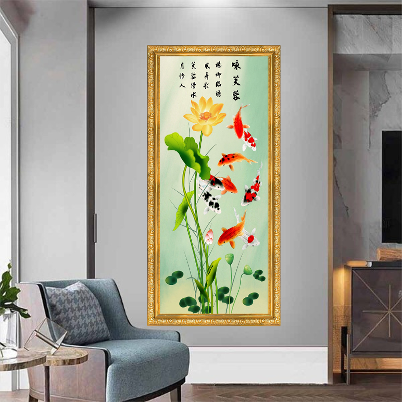 Tranh Canvas Phong Thuỷ Cửu Ngư Quần Hội Đóng Khung Cao Cấp 01
