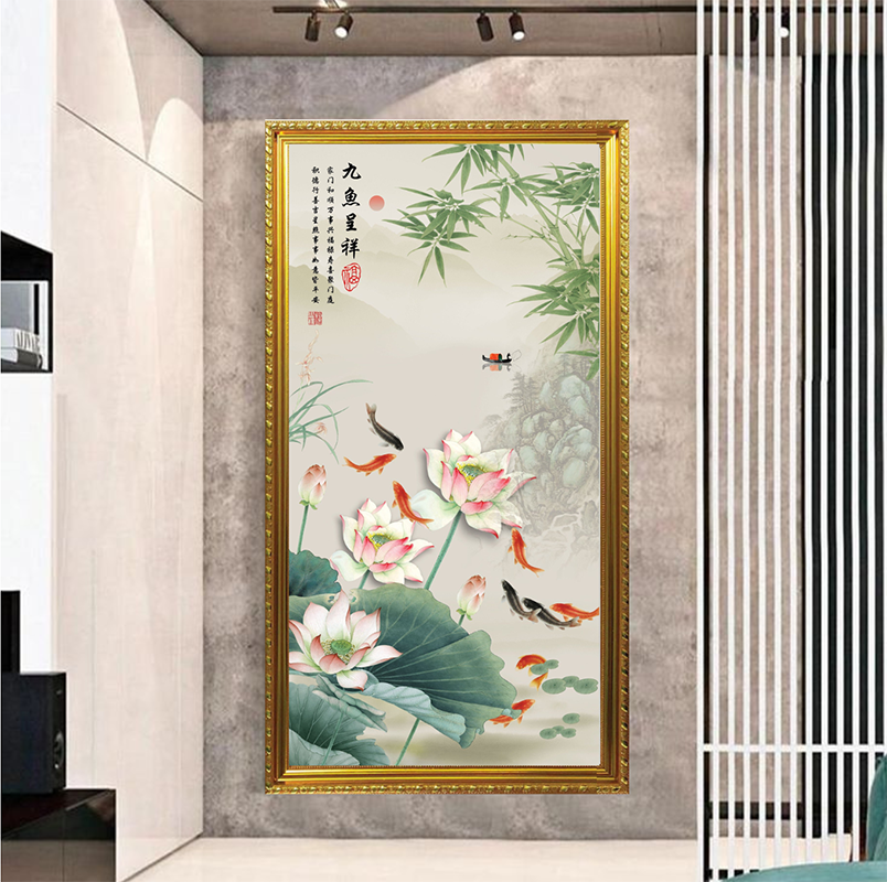 Tranh Canvas Phong Thuỷ Cửu Ngư Quần Hội Đóng Khung Cao Cấp 03