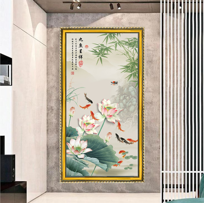 Tranh Canvas Phong Thuỷ Cửu Ngư Quần Hội Đóng Khung Cao Cấp 03