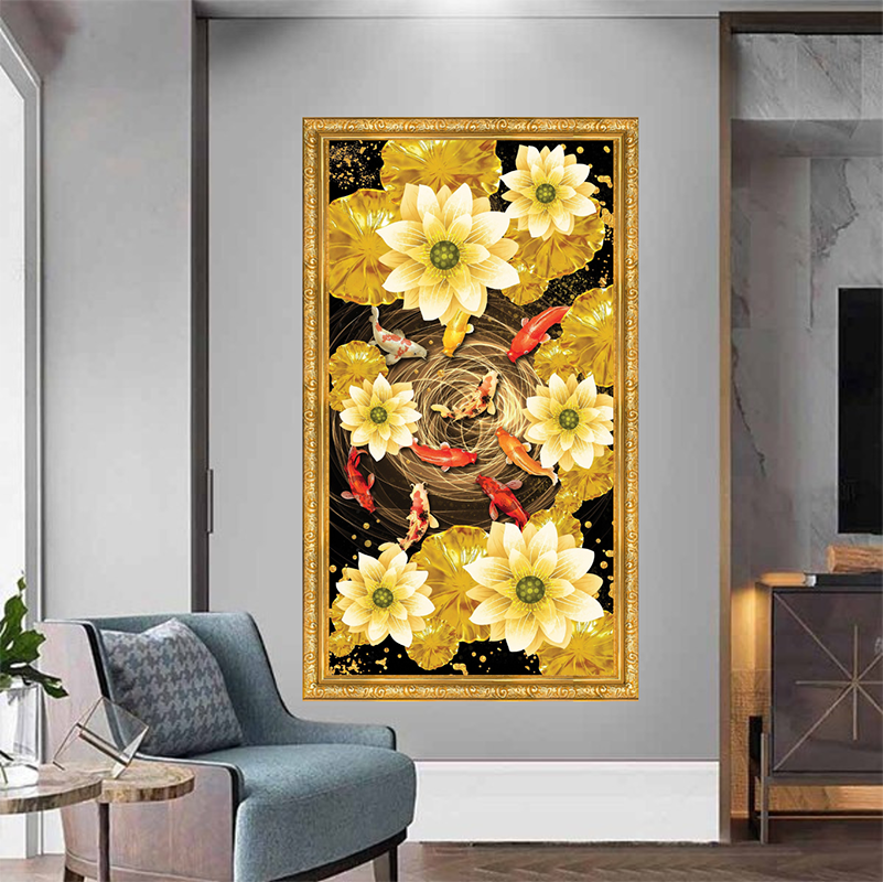 Tranh Canvas Phong Thuỷ Cửu Ngư Quần Hội Đóng Khung Cao Cấp 08