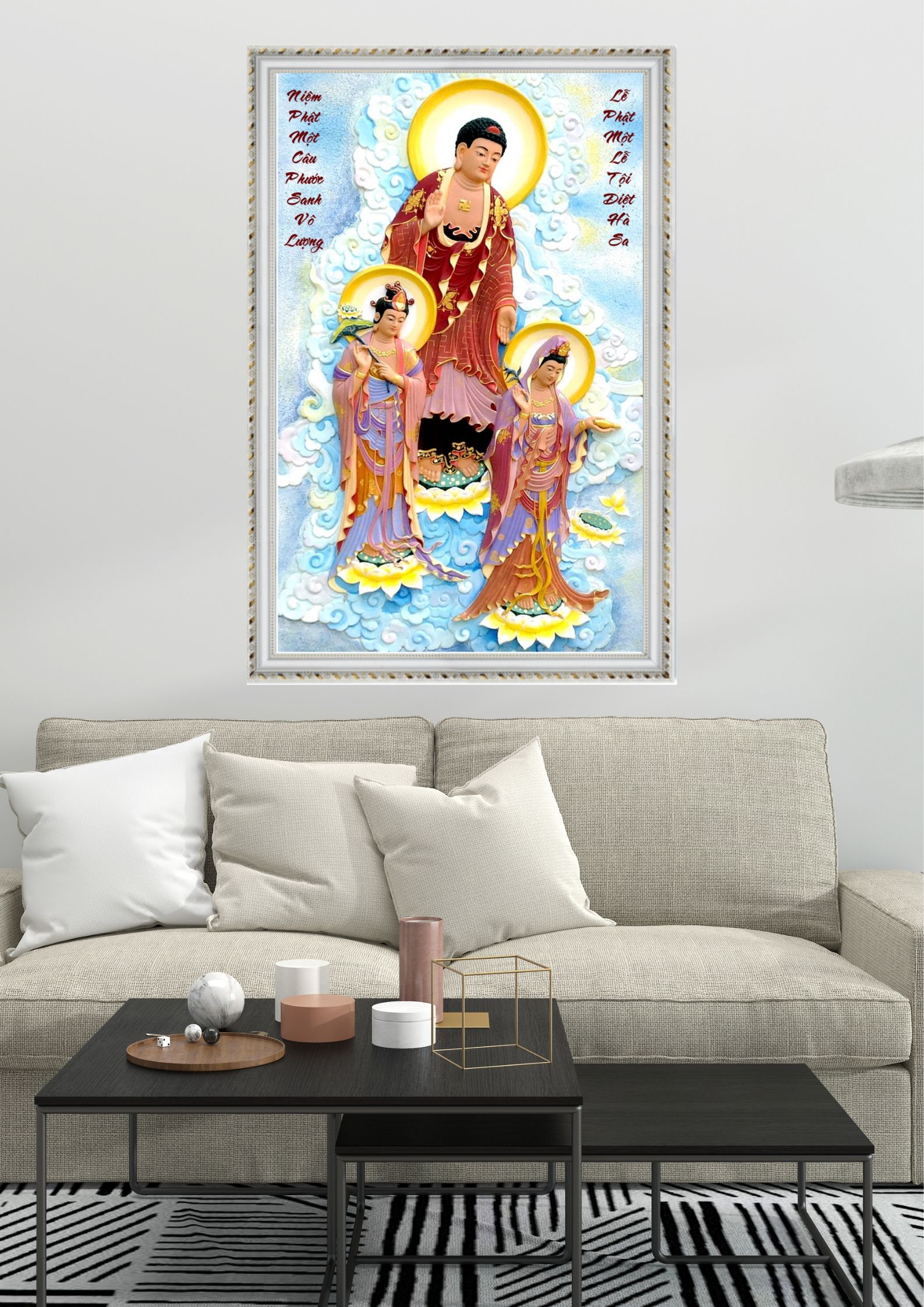 Tranh Canvas Phật Giáo Tây Phương Tam Thánh Tiếp Dẫn Đóng Khung Cao Cấp