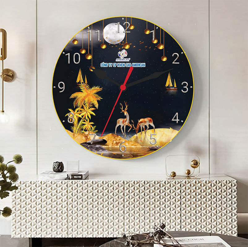 Tranh Đồng Hồ Tròn Tráng Gương In Theo Yêu Cầu - Hươu Tài Lộc (6 Mẫu)