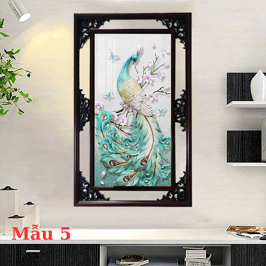 Tranh Gỗ Phù Điêu Treo Tường Cao Cấp Khung Đôi - Chim Công Nghệ Thuật
